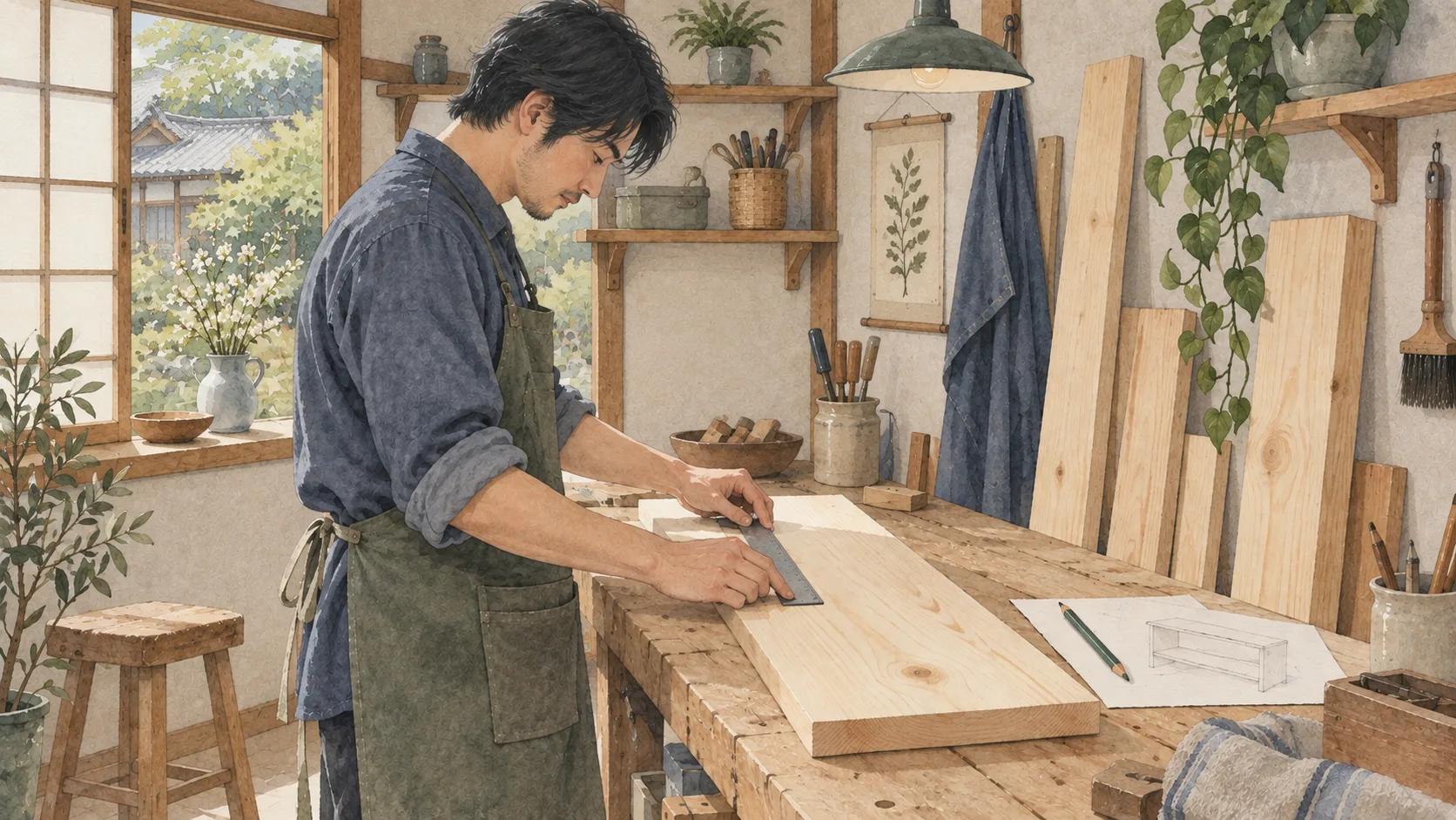 小さな棚を作るため、作業台で板の寸法を測る人