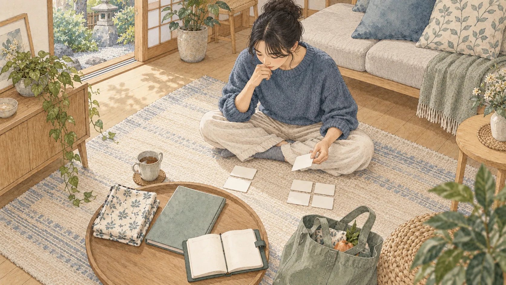 床に座り、家事の道具と白いカードを並べて考える人