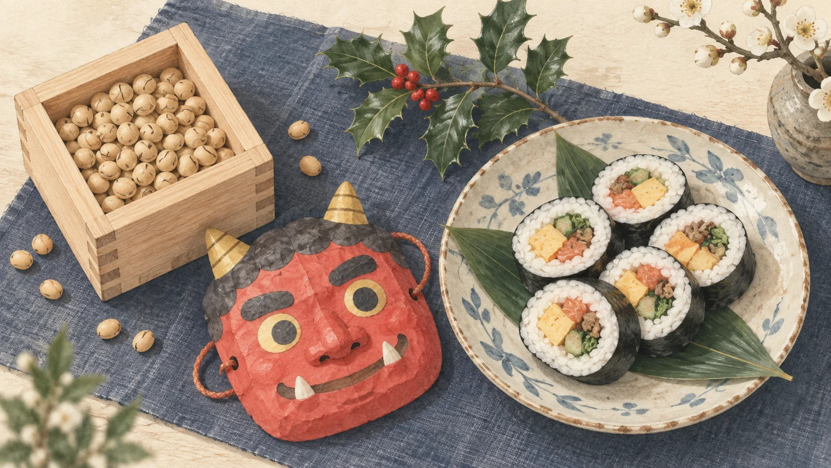炒り豆を入れた升と赤い鬼のお面、切り分けた巻き寿司