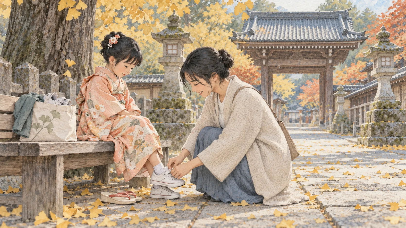秋の境内で、着物姿の子どもに靴を履かせる親