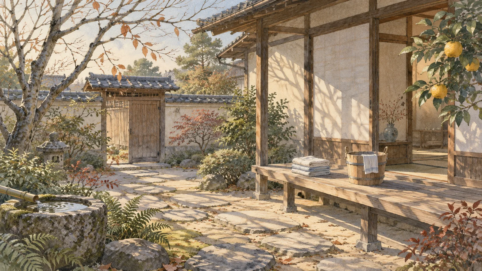 晩秋の穏やかな庭に差す光と、縁側に用意した掃除道具