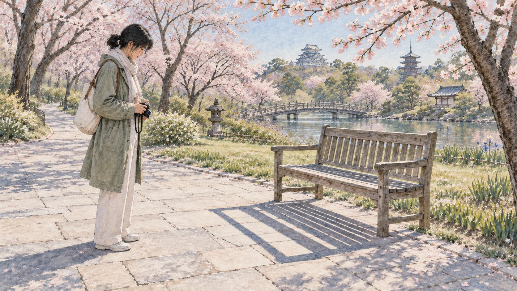 春の公園でベンチの影をカメラに収める人