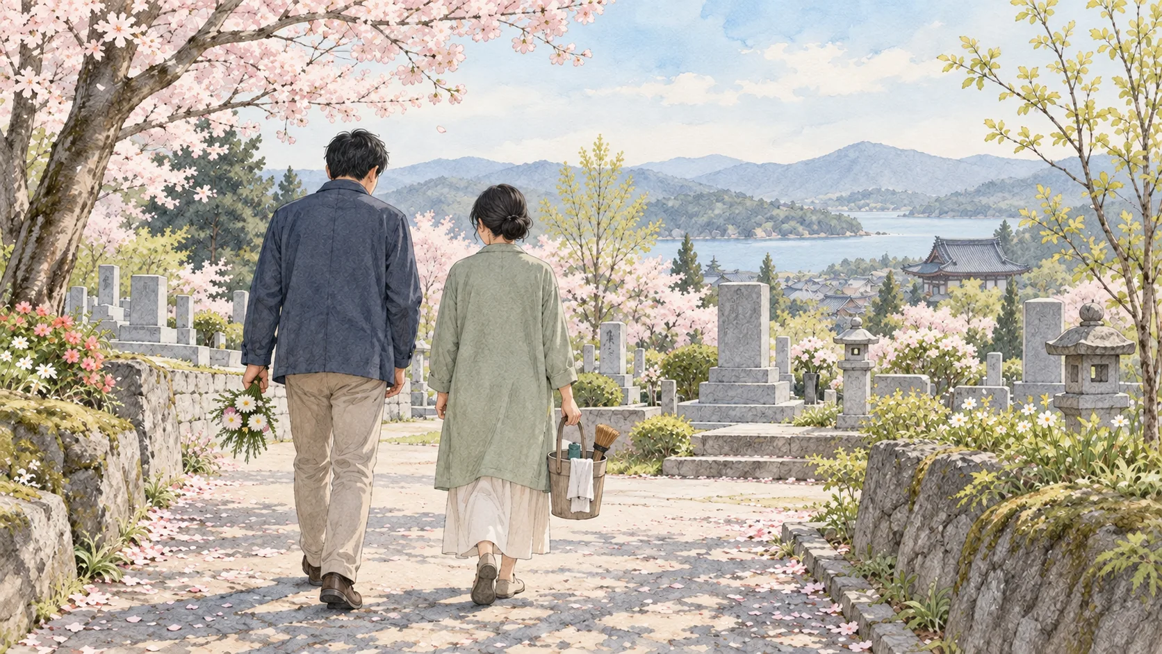 春の花が咲く墓地の小道を、花束と掃除道具の入った桶を持って歩く二人