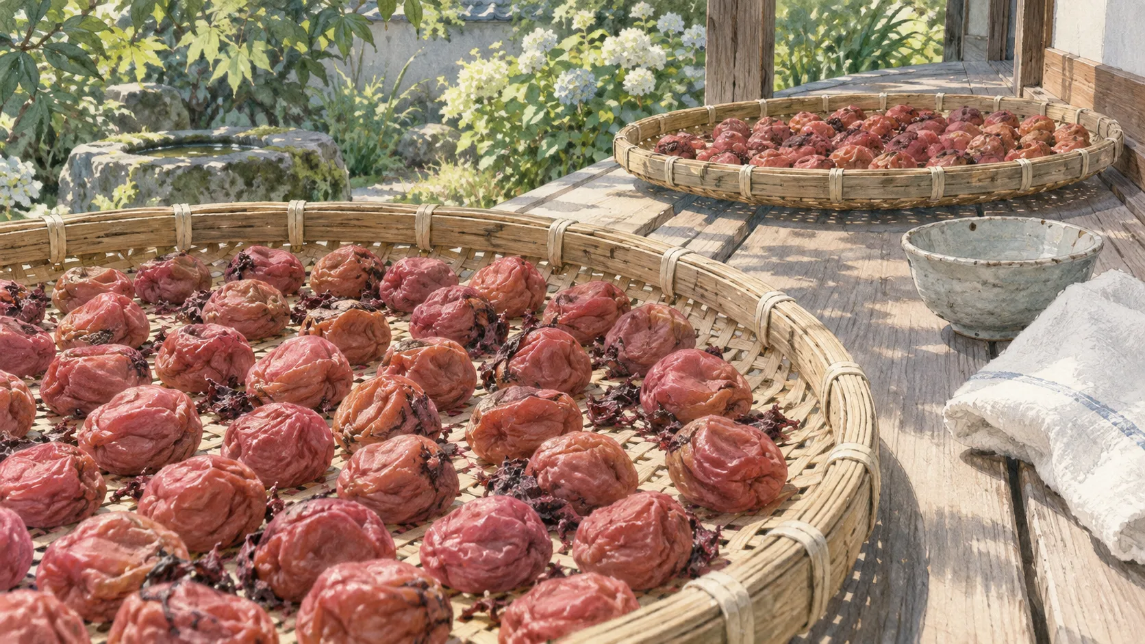 夏の日差しが差す縁側に並ぶ、赤い梅を載せた二つの竹ざる