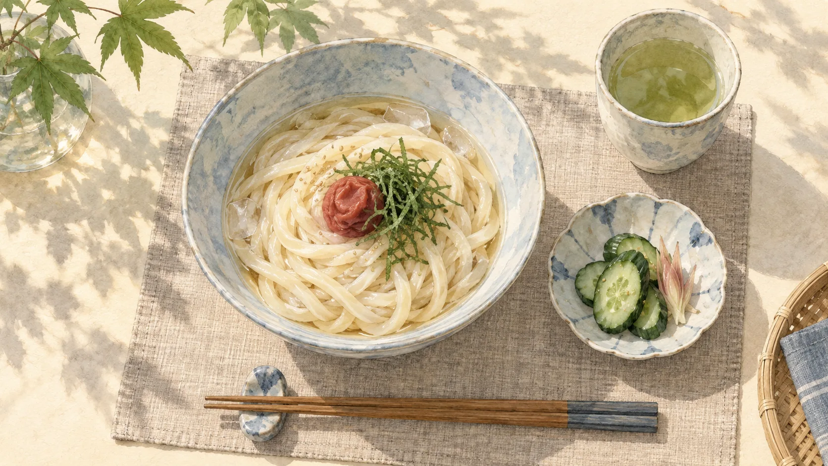 梅干しと薬味を載せたうどん、キュウリの小鉢、湯のみを並べた夏の食卓
