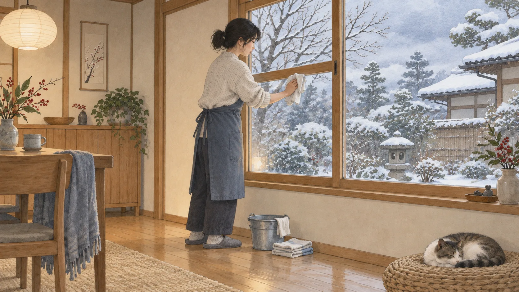 冬の庭が見える窓を拭く人と、床にそろえたバケツや布
