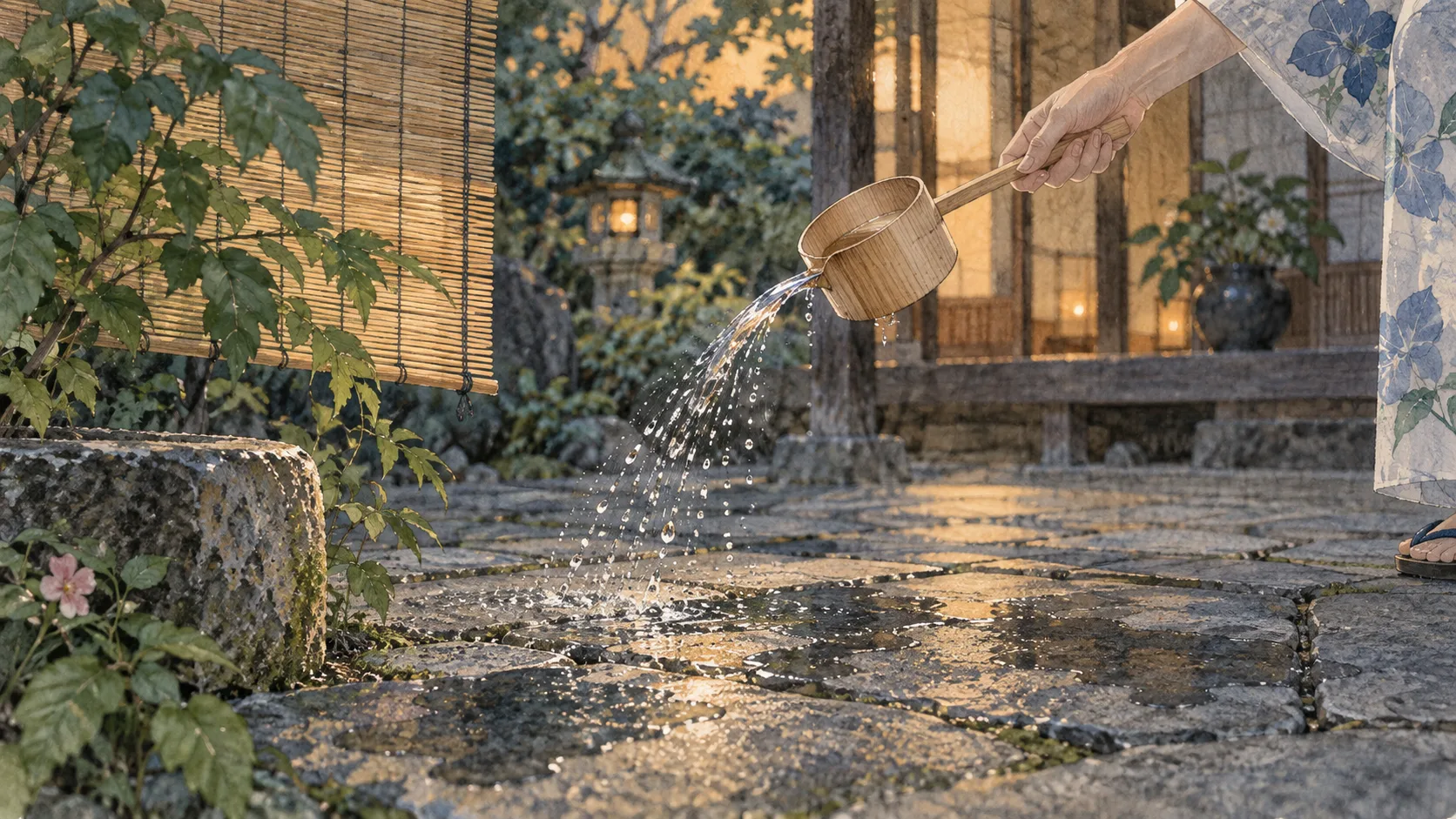 夕方の日陰の石畳に、木の柄杓から水を撒く手