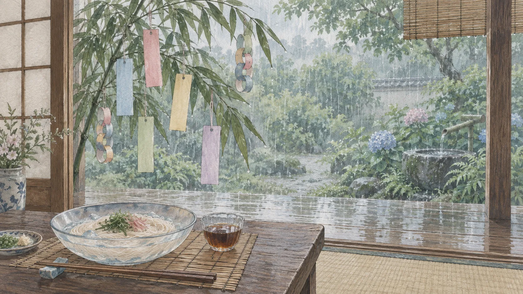 雨の庭を背景にした五色の短冊と輪飾り、手前のそうめんの食卓