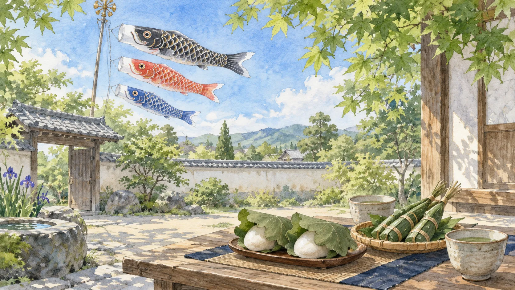 新緑の庭で泳ぐ三匹のこいのぼりと、柏餅・ちまき・湯のみを並べた食卓
