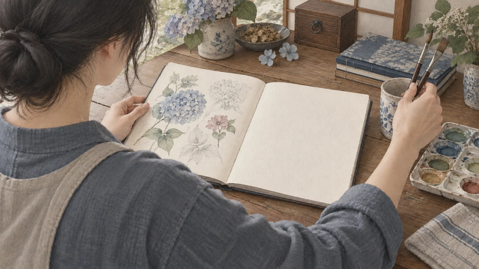 描きかけの花のスケッチを開き、筆を手に取る人の後ろ姿