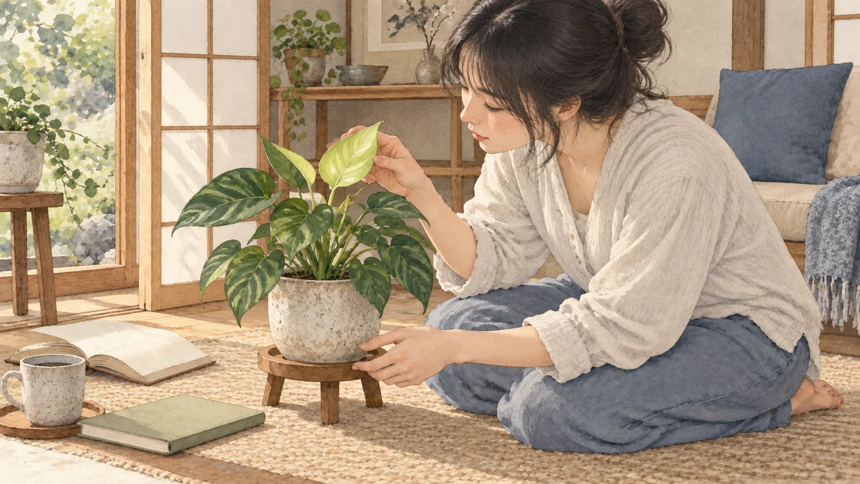 低い台の鉢植えに顔を近づけ、新しい葉を眺める人と、そばの本やノート