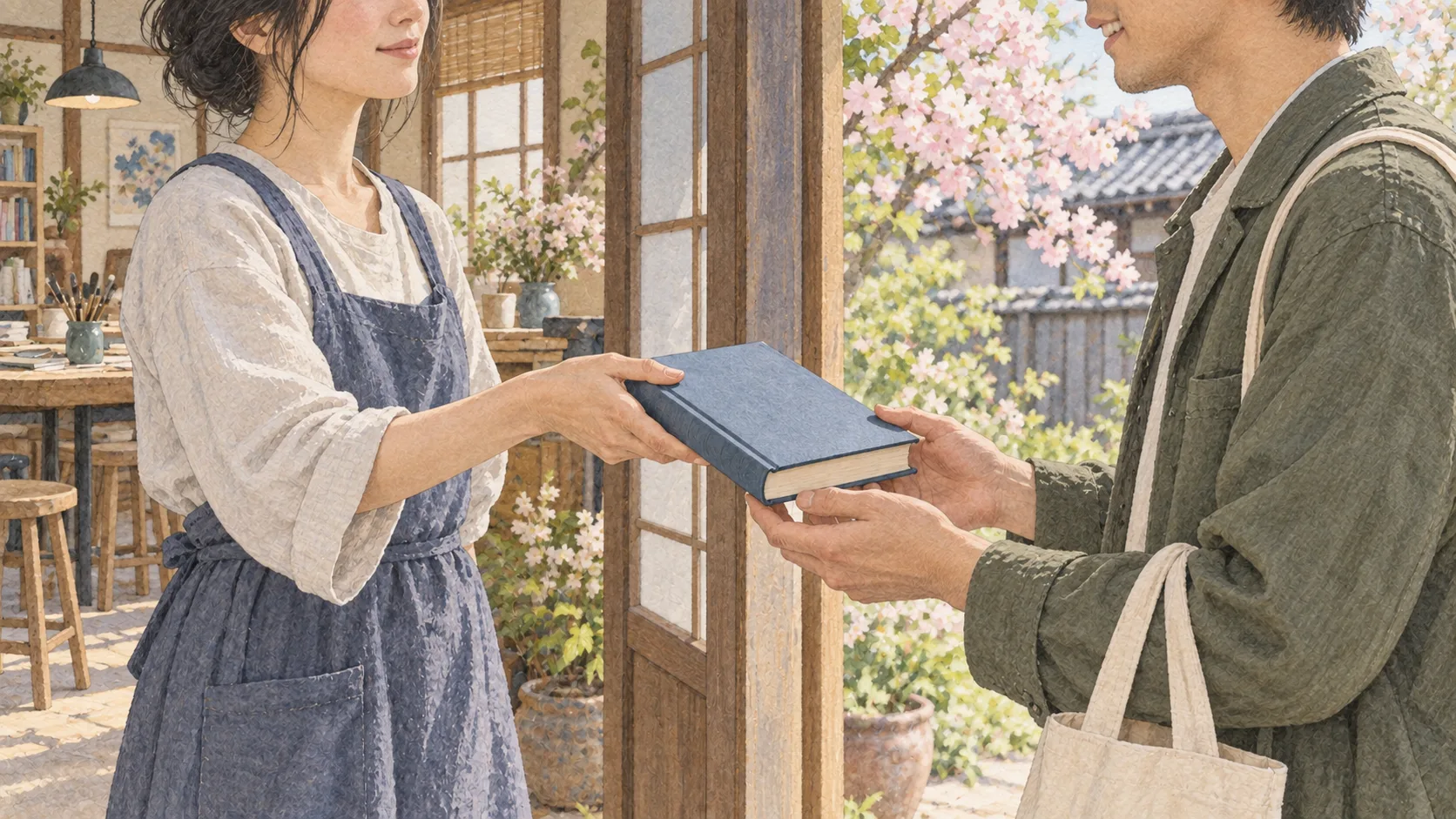 春の工房の入口で、青い表紙の本を手渡す二人