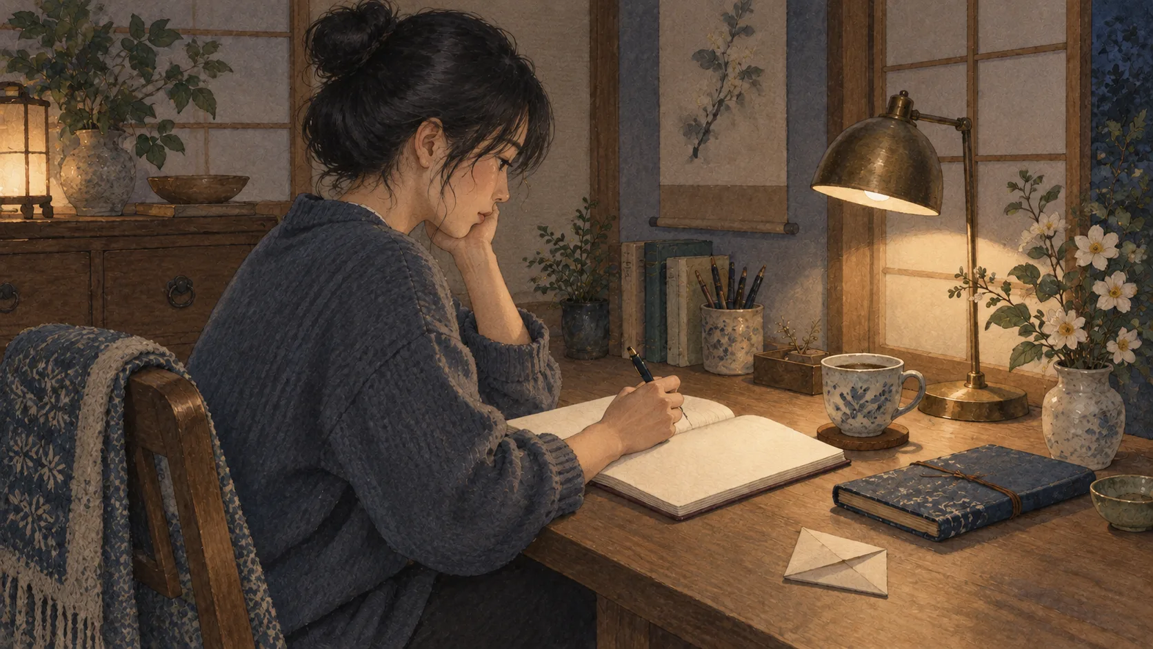 小さな明かりの下で、開いたノートにペンを向ける人