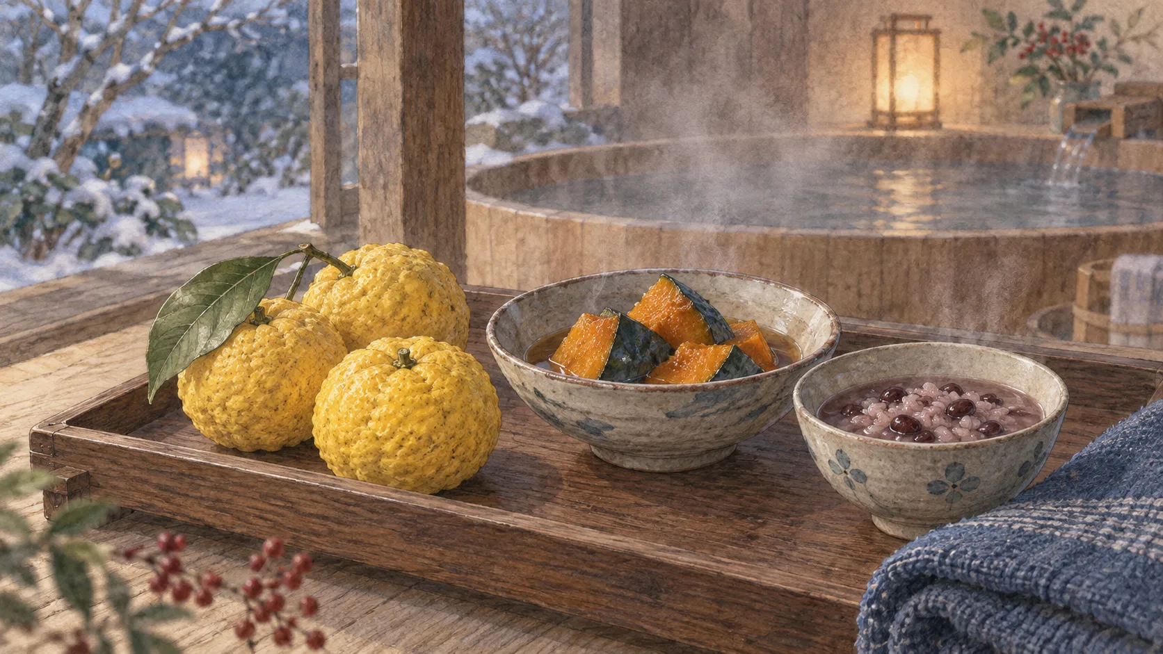 木の盆に並べた三つの柚子、かぼちゃの煮物、小豆粥と、奥の湯気
