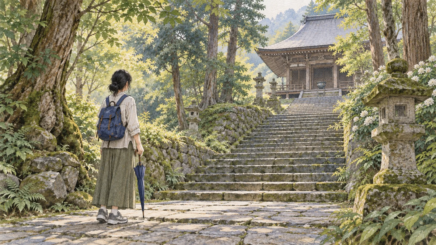 青いリュックと傘を持った人が、緑に囲まれた寺の石段を見上げる後ろ姿