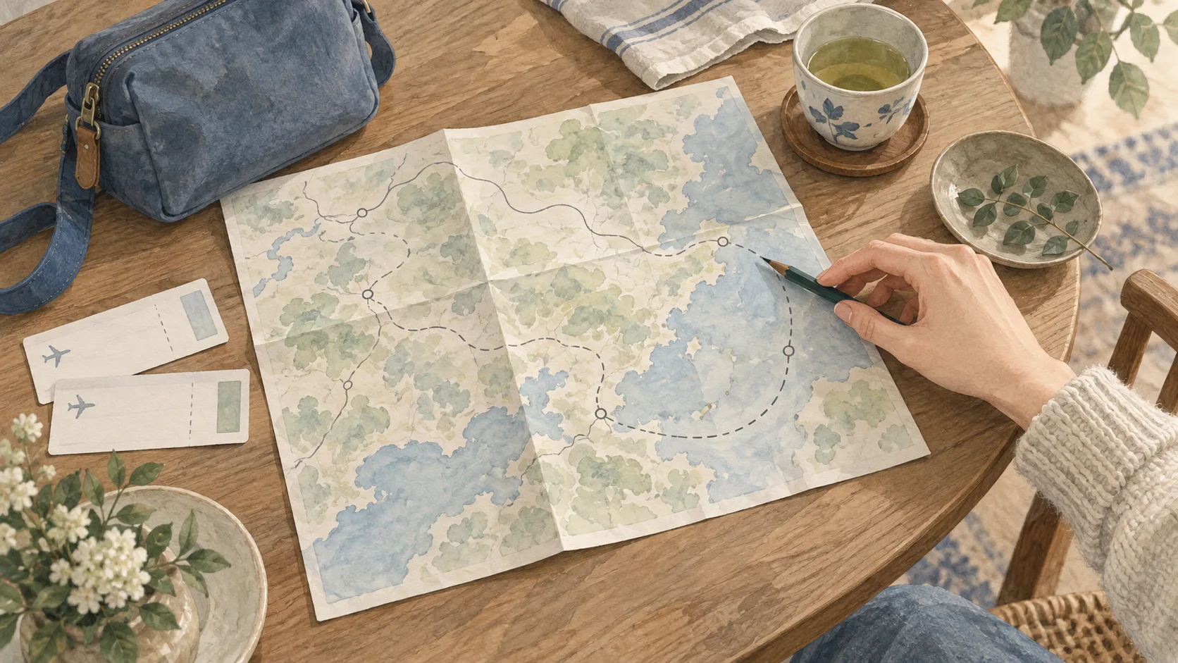 地図の上の経路を鉛筆で確かめる手と、二枚の切符や青い鞄
