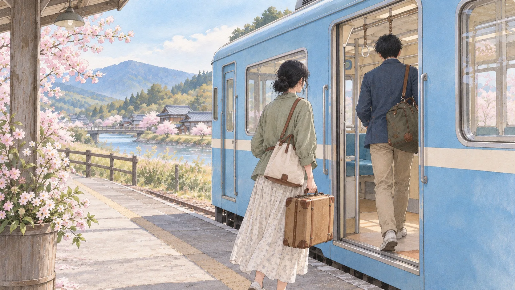 春の駅で、小さな旅行鞄を持った二人が青い列車に乗り込む場面