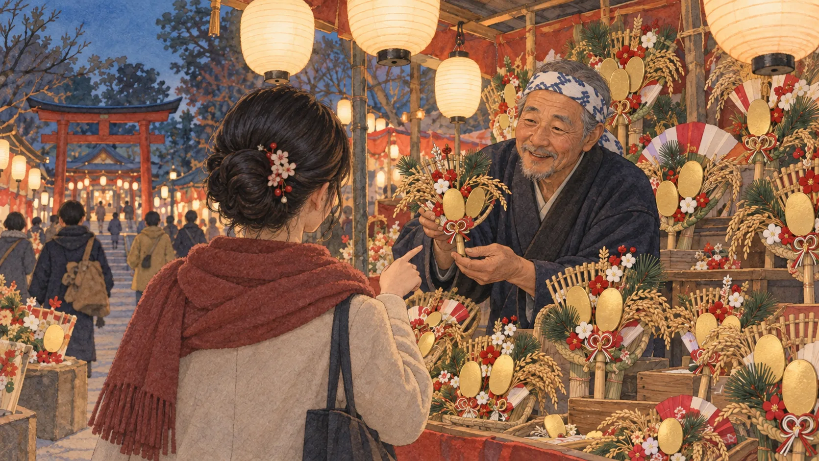 提灯の灯る酉の市で、熊手を選ぶ日本人女性と年配の店主
