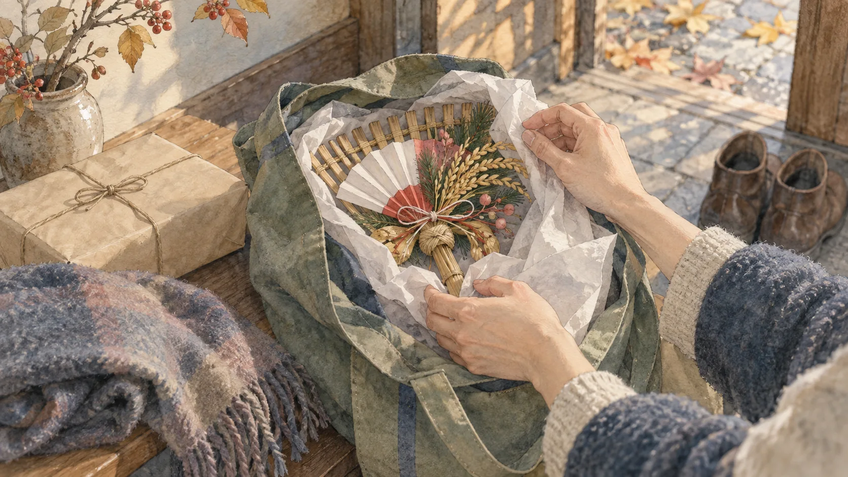 扇と稲穂を飾った熊手を薄紙で包み、布の袋に収める手
