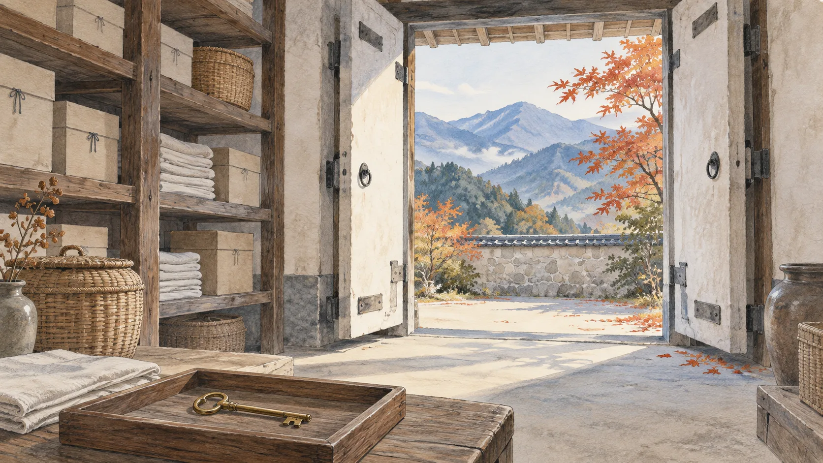 書類箱と布を納めた蔵の開いた戸、手前の鍵、向こうに見える秋の山