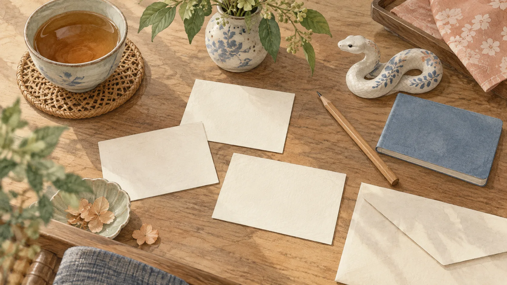 白い蛇の置物と三枚のカード、青い冊子、封筒、鉛筆を並べた机