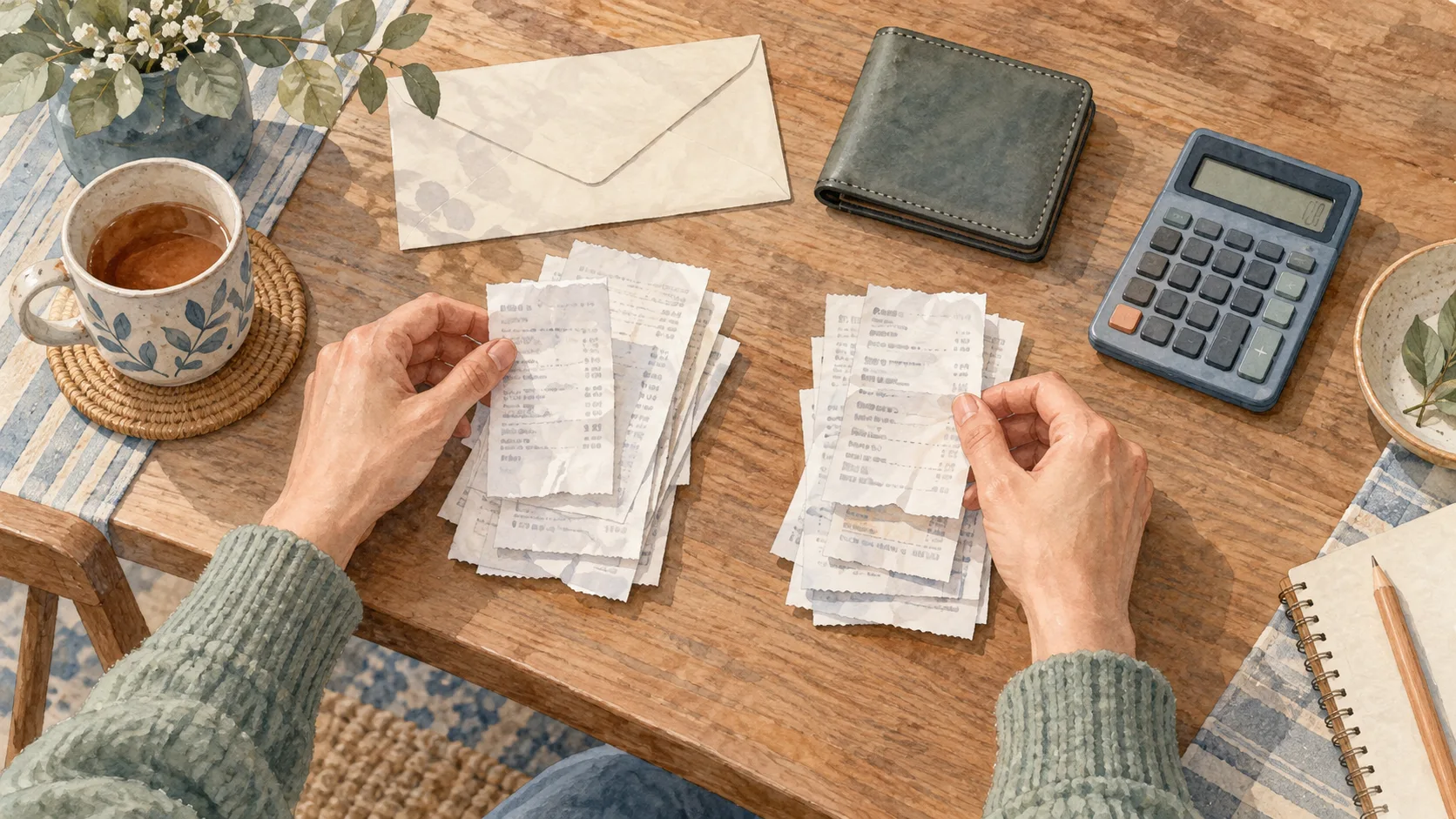 封筒や財布を置いた机で、支払いの紙を仕分ける手元
