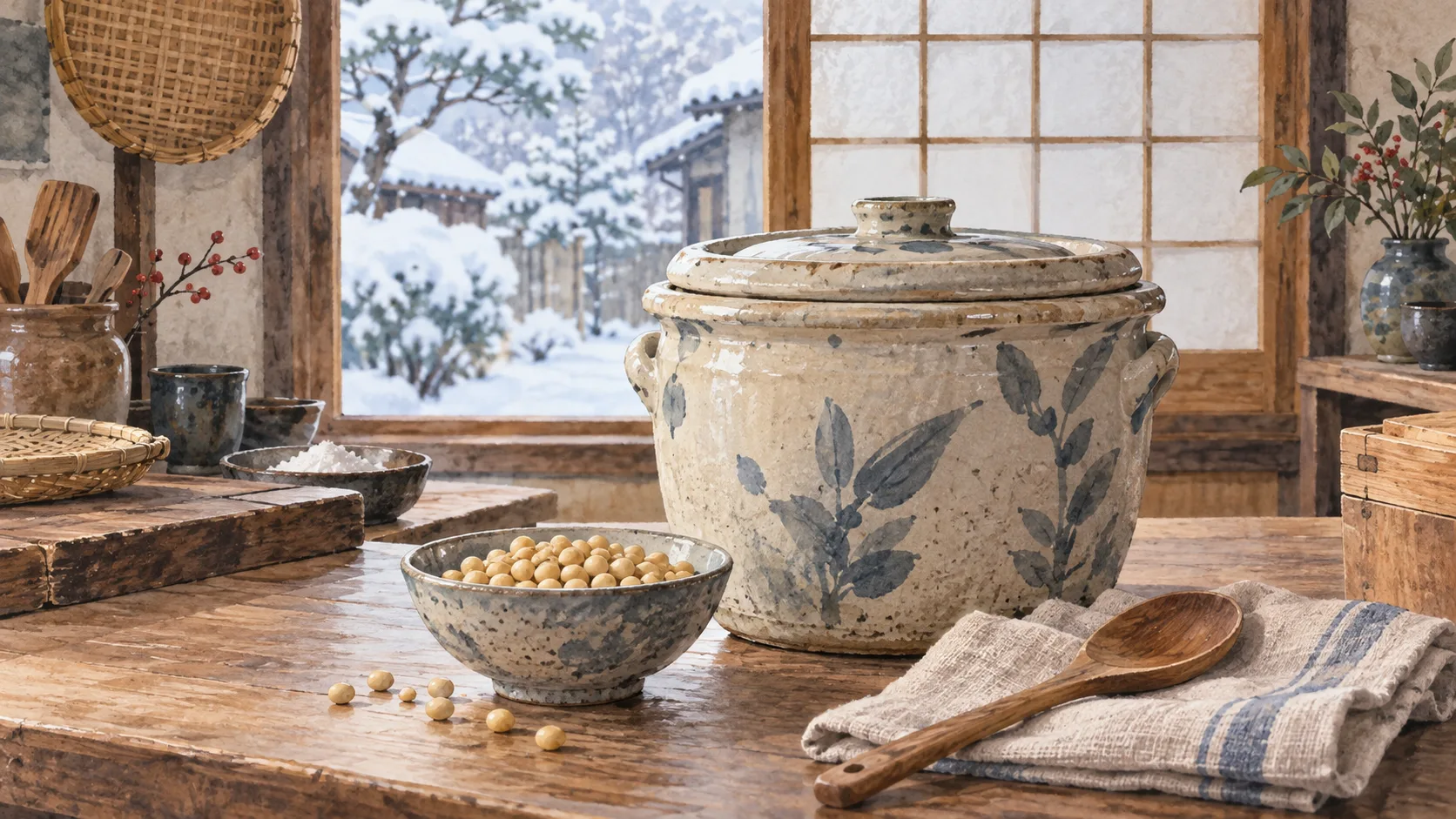 冬の台所に並べた蓋付きの容器と、大豆や木のさじ