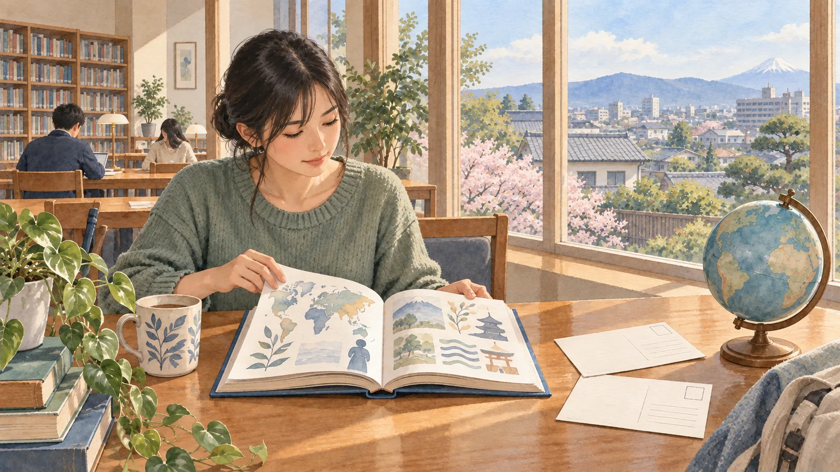 明るい机で本を開き、これから学びたいことを考える人