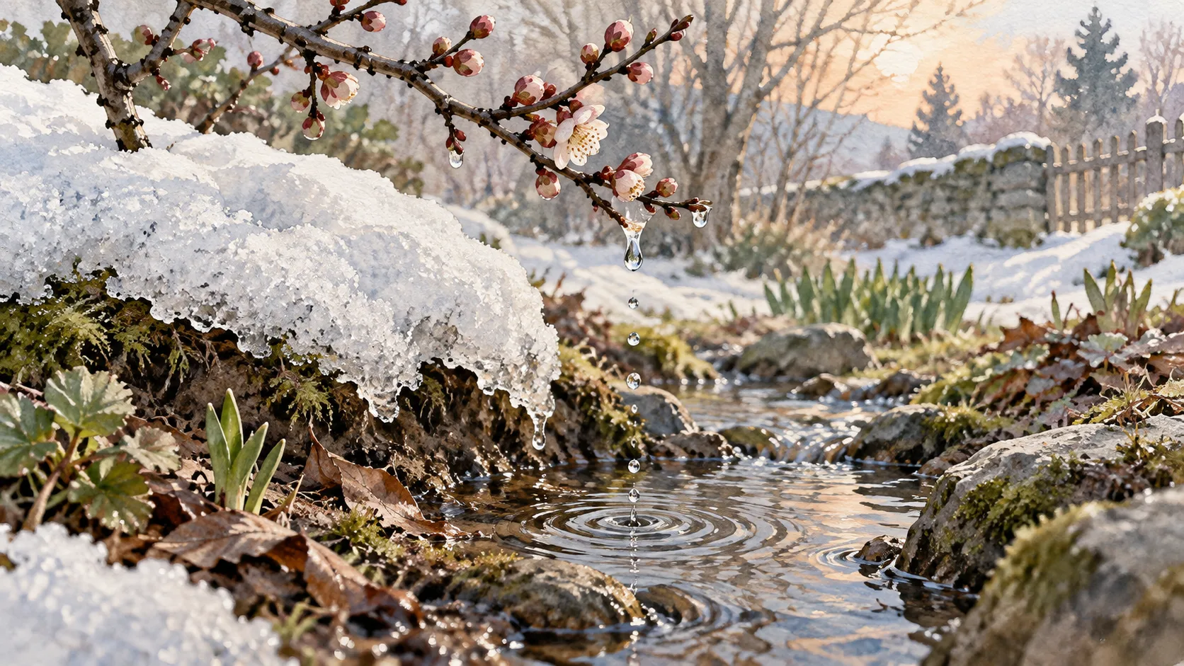 庭の雪が解け、枝先からしずくが落ちる早春の景色