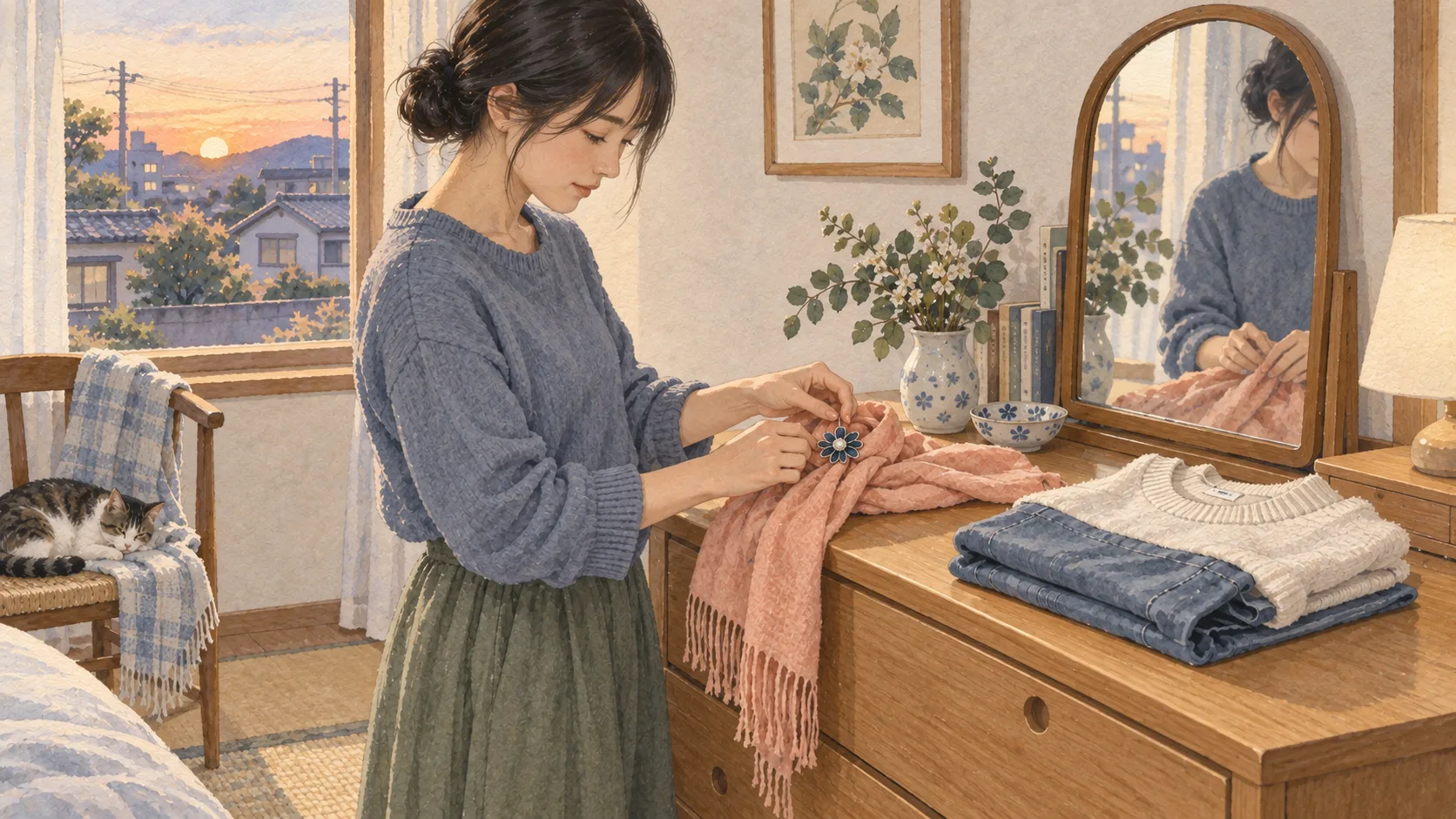 好きなスカーフとブローチを、明日の服のそばへ並べる人