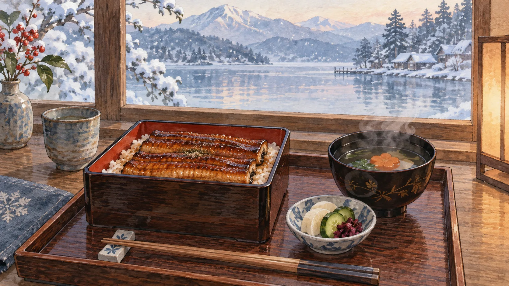 雪景色の見える食卓に並べた、うなぎご飯と温かい汁物