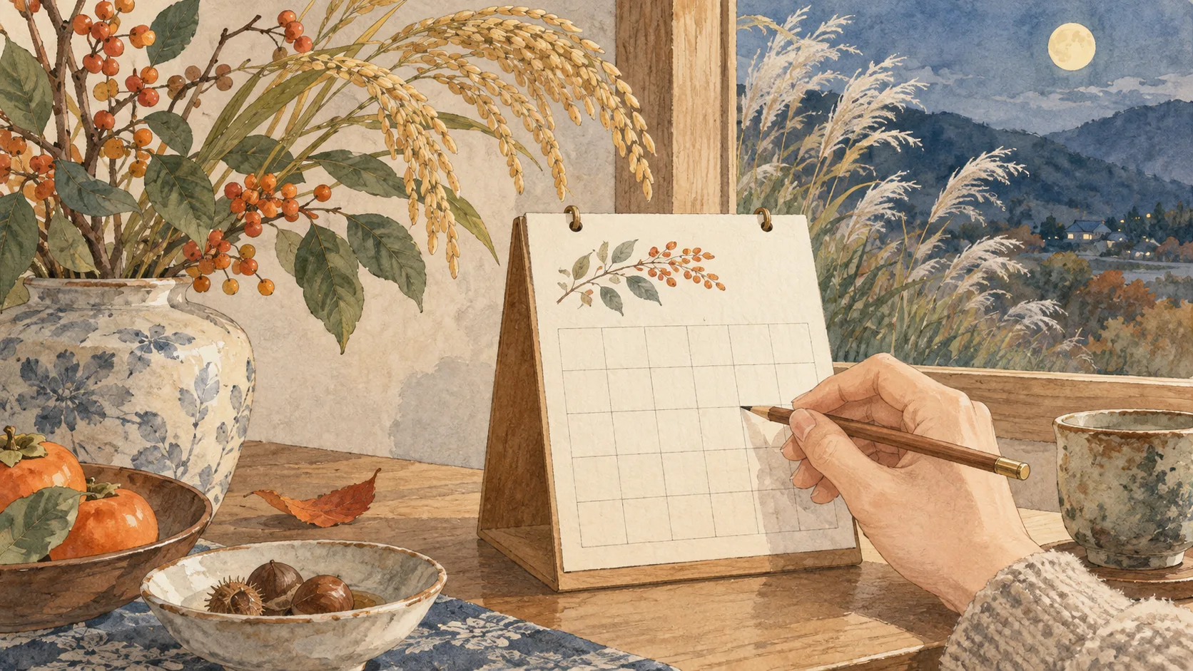 カレンダー、稲穂、季節の枝を並べた暦の静物画