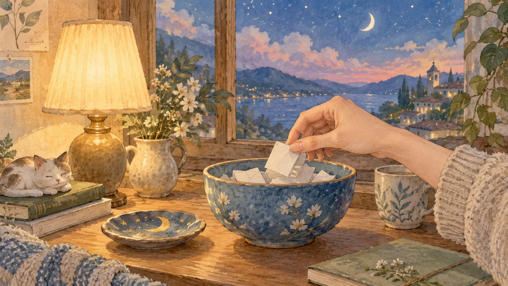 夕暮れの灯りのそばで、青い器から折りたたんだ紙を一枚選ぶ手