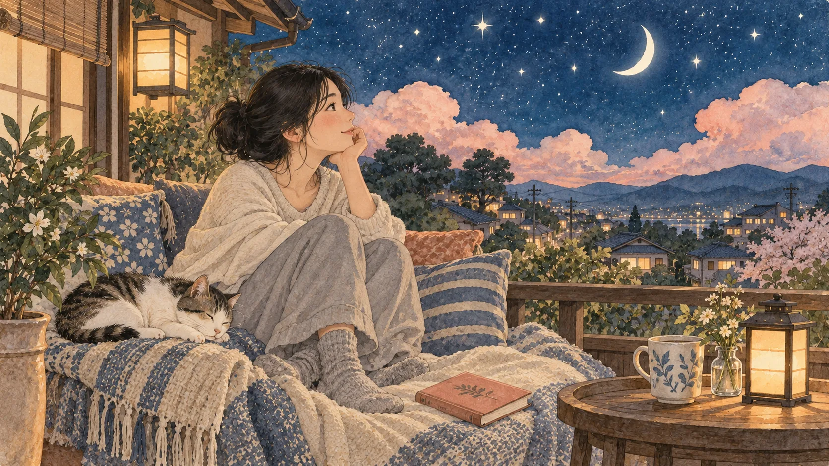 星空と淡い雲を眺めながら、クッションに座ってくつろぐ人