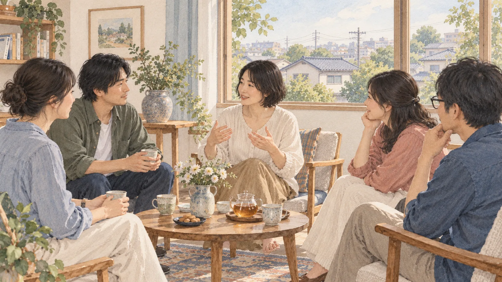 明るい部屋でお茶を囲み、互いの話を聞く人たち