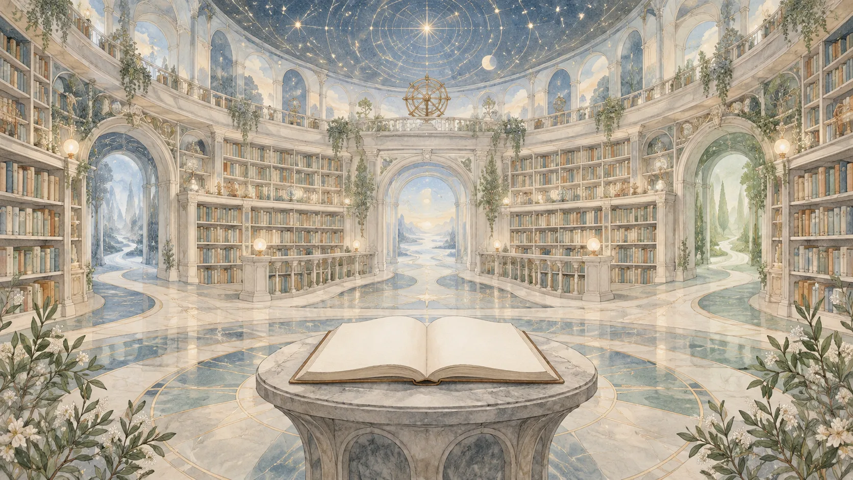 星空の天井と分かれ道が広がる、想像上の図書館