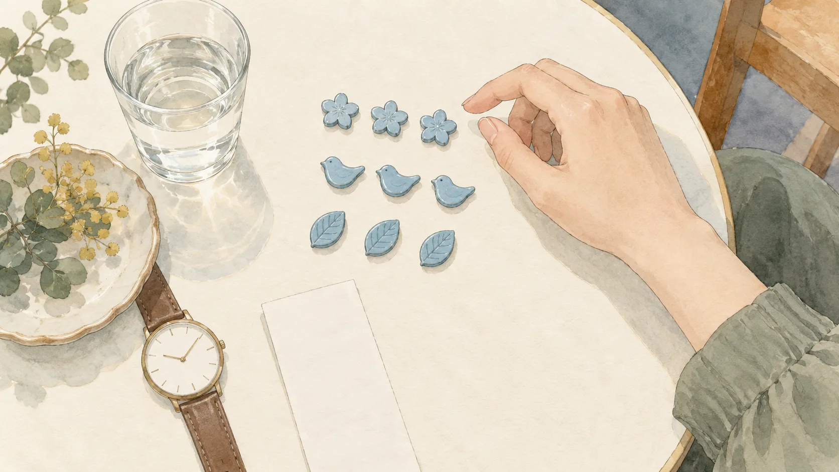 机に並んだ青い小物の繰り返しに気づき、手を止める様子