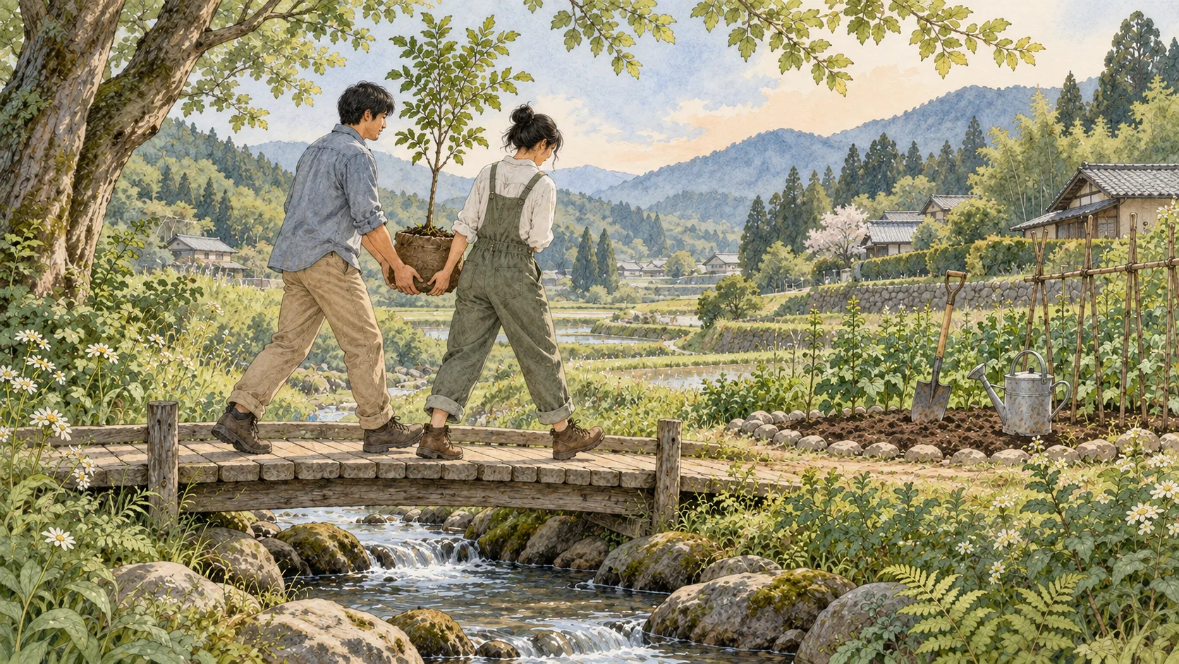 二人で苗木を運び、木の橋を渡る人たち