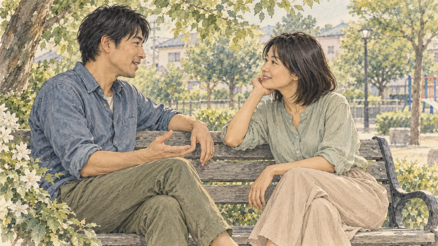 公園のベンチで穏やかに会話する二人