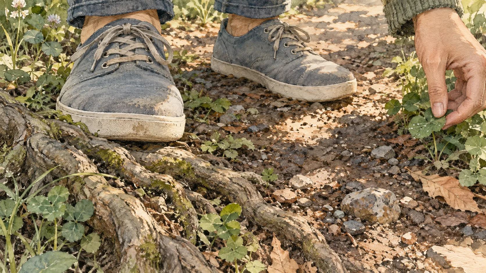 木の根がある道に立つ靴と、葉に触れる手
