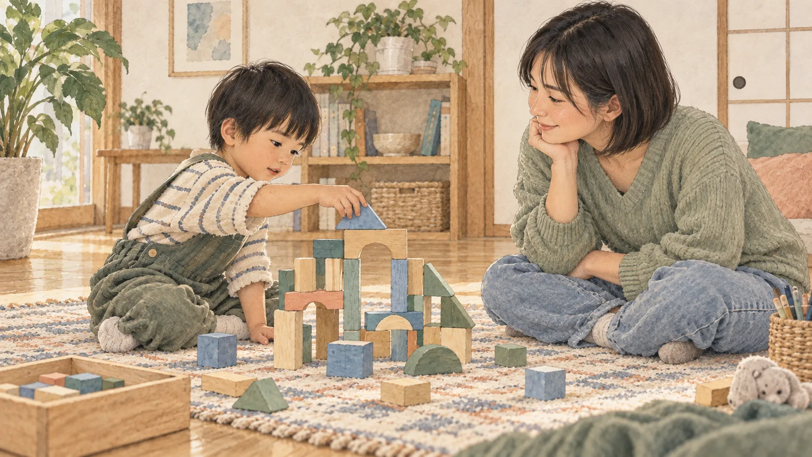 積み木で遊ぶ子どもを、同じ目線で見守る大人