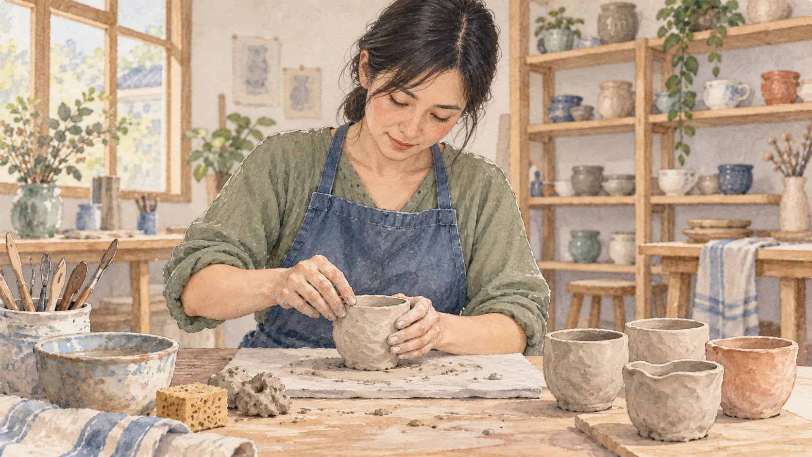 作りたい器を思い描きながら、粘土で小さなカップを形にする人