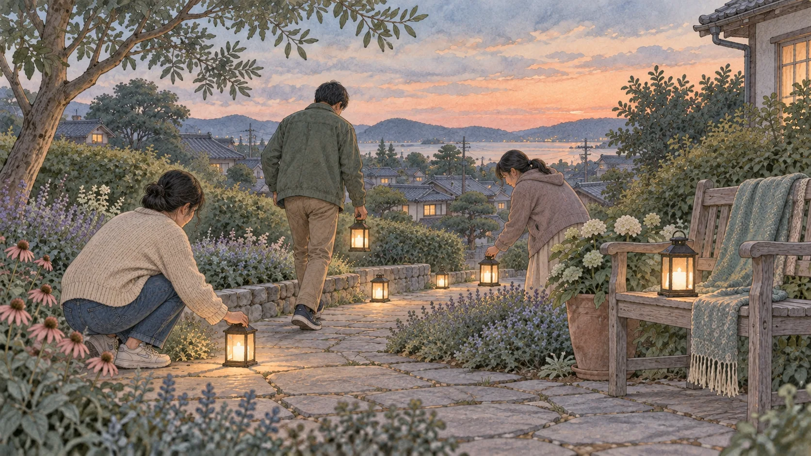 夕暮れの道に、協力して小さな明かりを置く人々