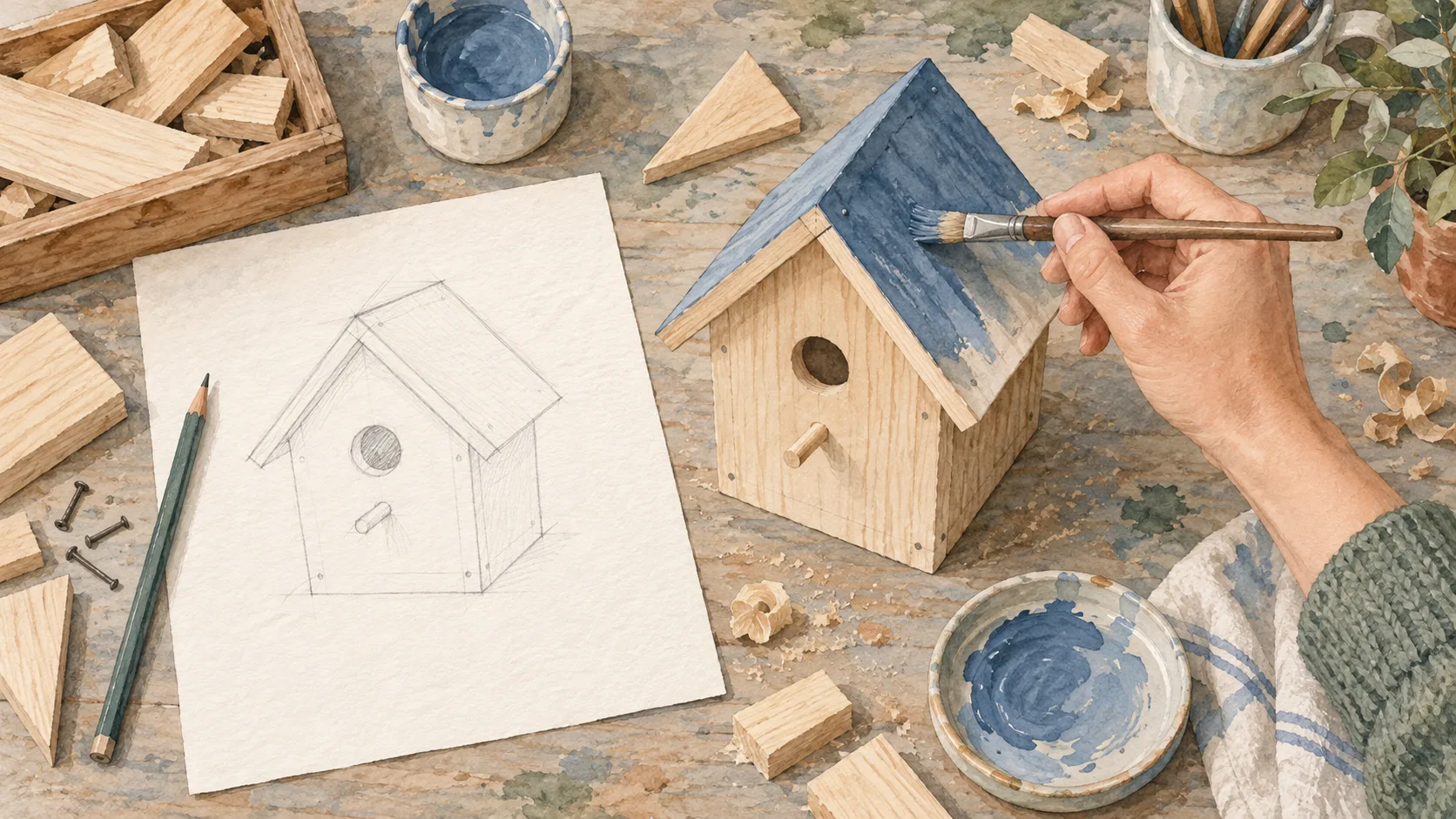 下絵をそばに置き、木の小屋の屋根を青く塗る手