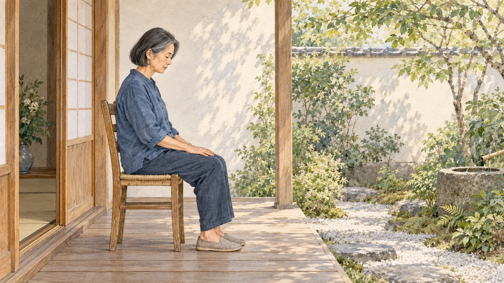 椅子に腰掛け、足を地面につけて静かに過ごす人