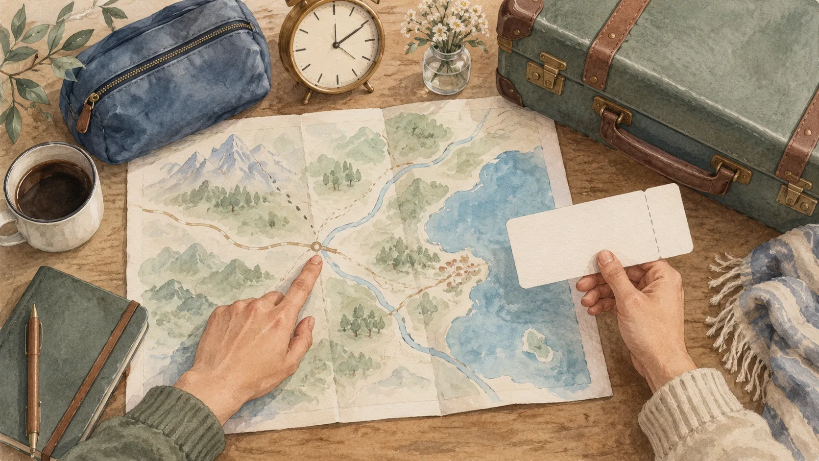 荷物のそばで、地図と切符を確認する手元