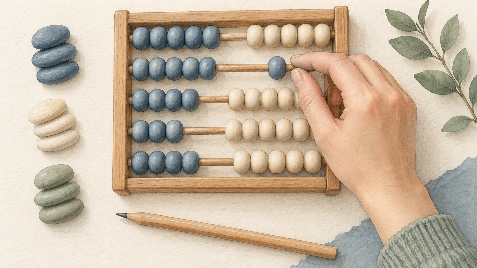 木製の数え具と小石を使って数を確かめる手