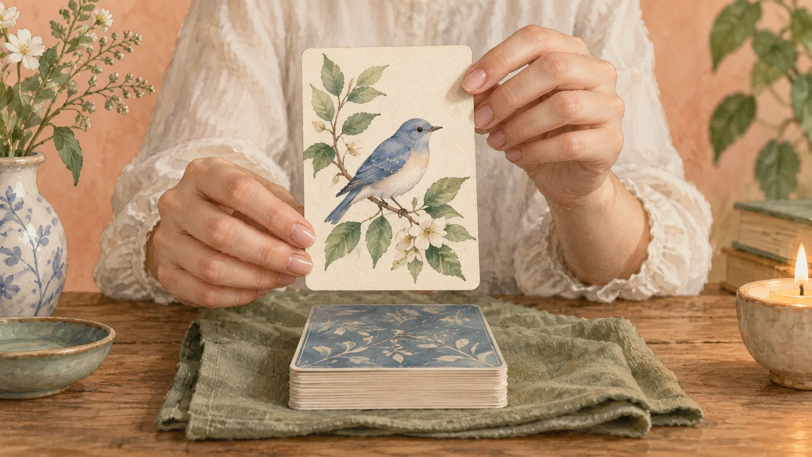青い鳥が描かれた一枚のカードを持つ手