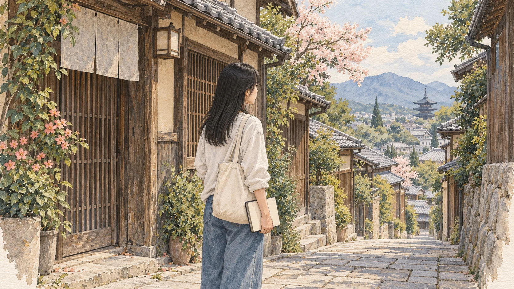 木格子の家が並ぶ石畳の路地で、足を止める現代の旅人