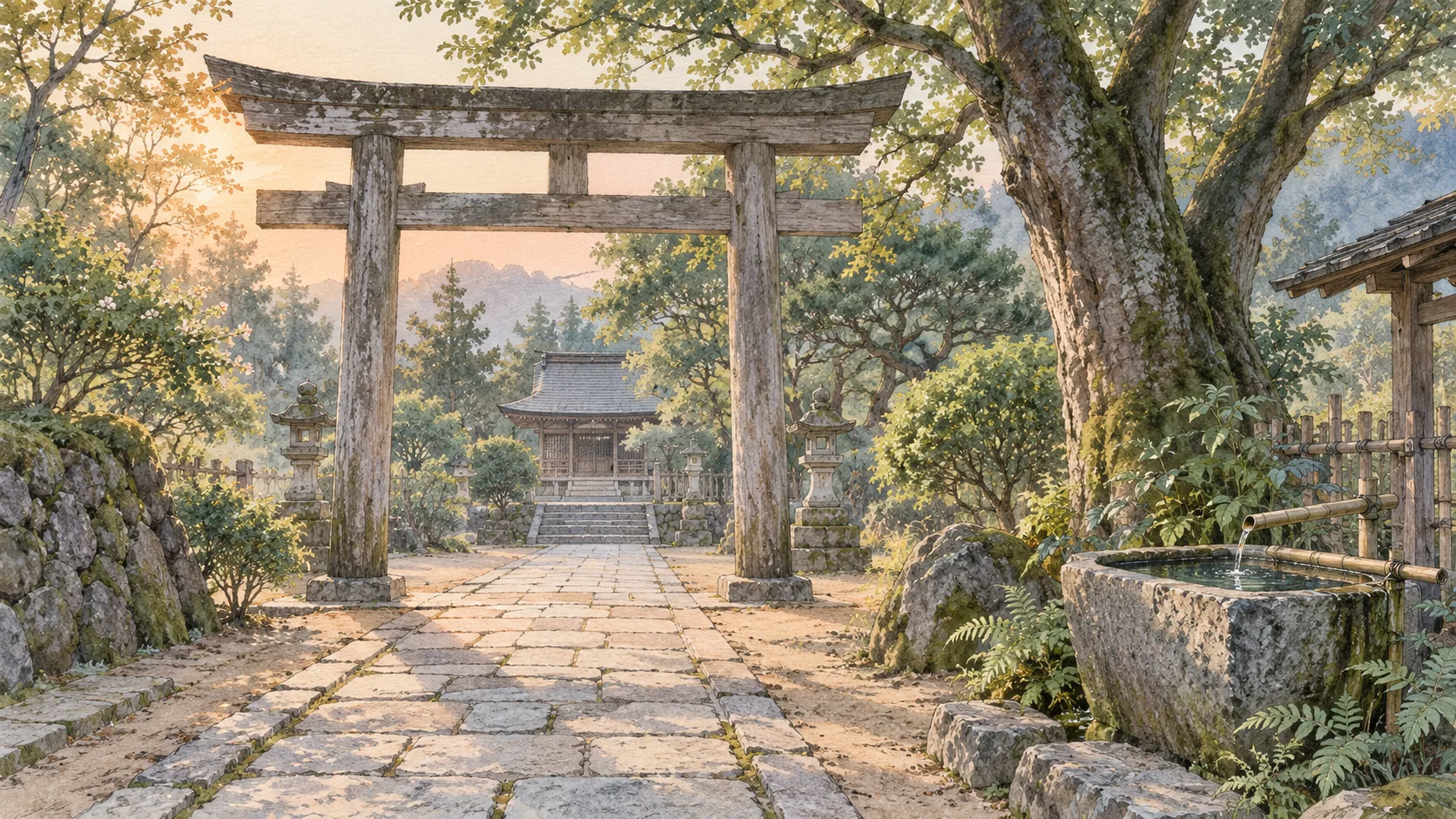 木々に囲まれた鳥居と参道、脇にある手水の水